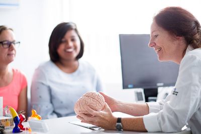 Eine Ärztin zeigt zwei Frauen ein Modell